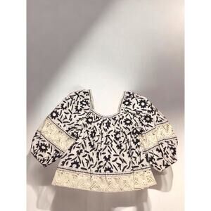 CHRISTIAN SIRIANO BOHO Blouse Top Womens Large Linen Blend Crochet Trim Peasant